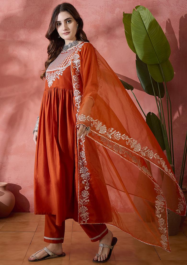 Orange Embroidered Zari Kurta Set