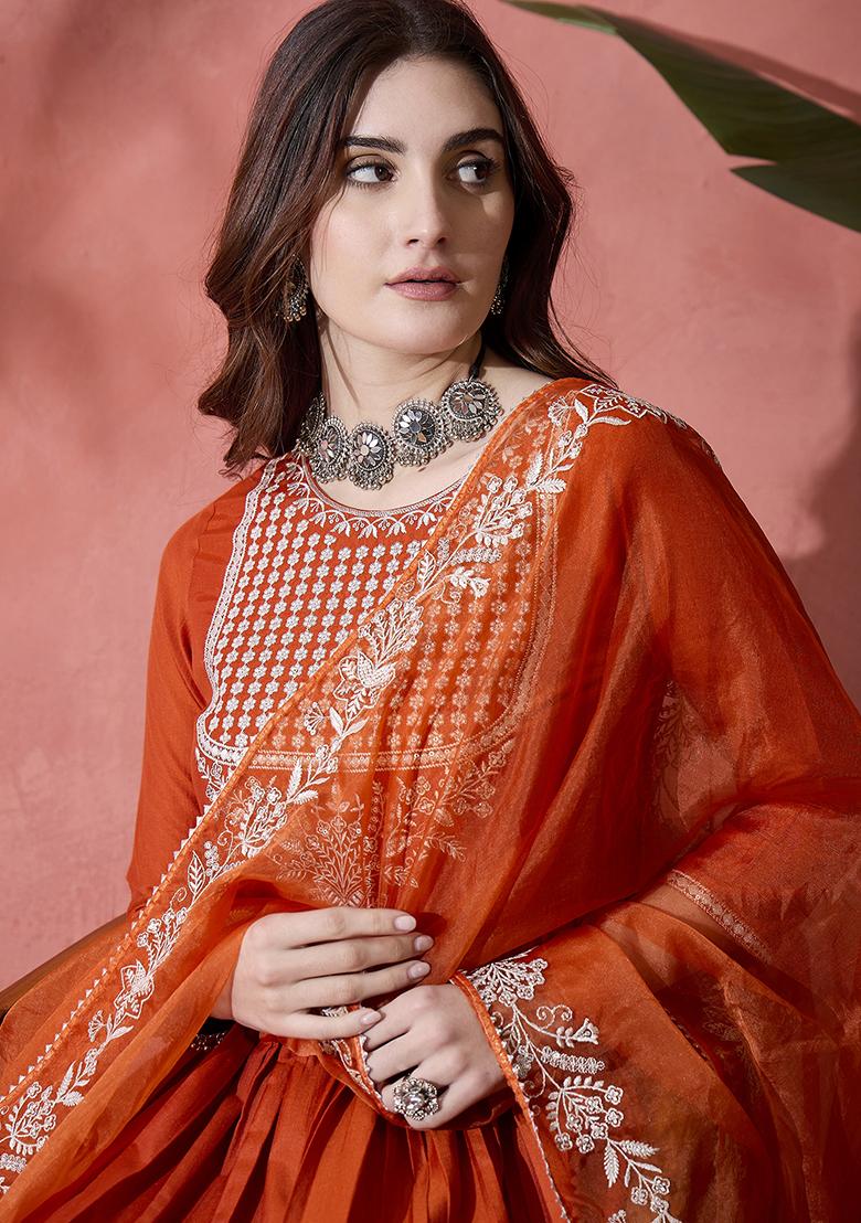 Orange Embroidered Zari Kurta Set