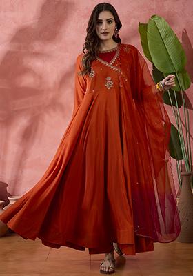 Orange Embroidered Zari Kurta Set
