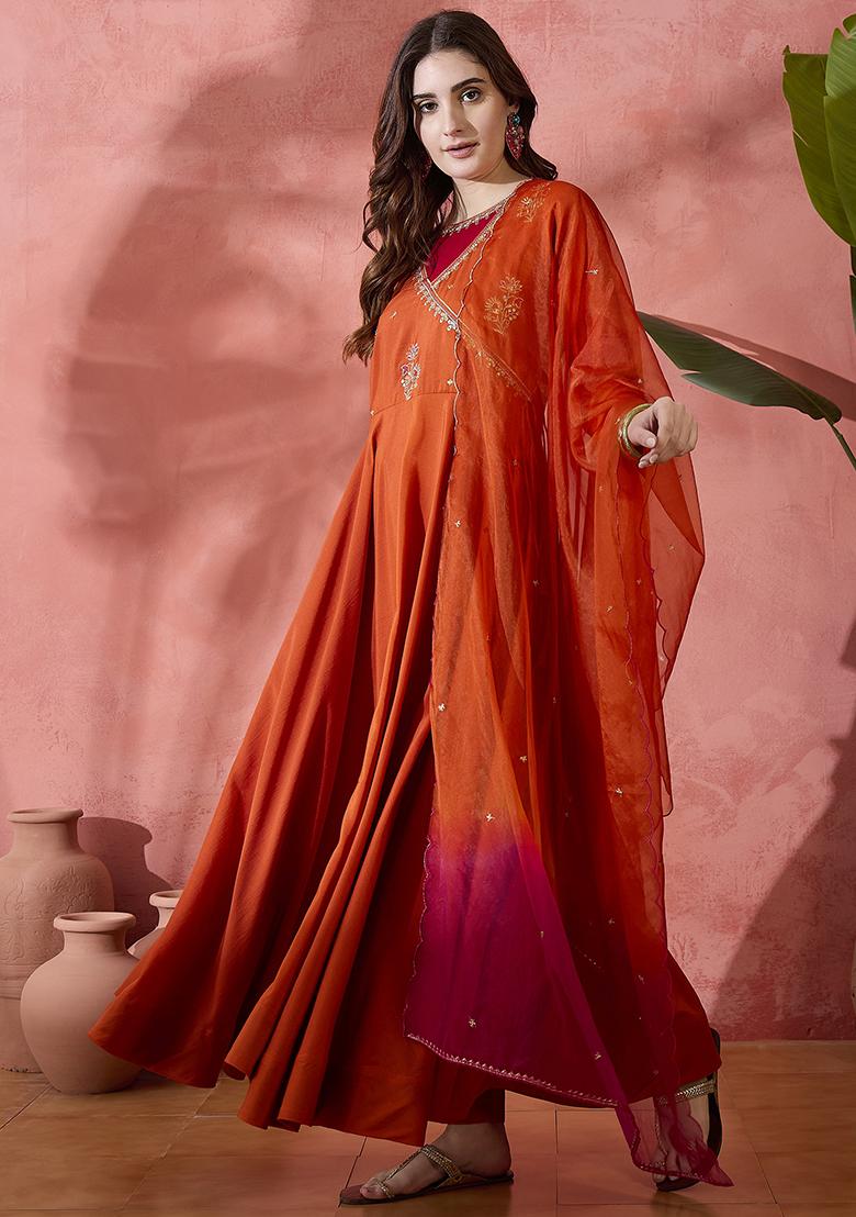 Orange Embroidered Zari Kurta Set