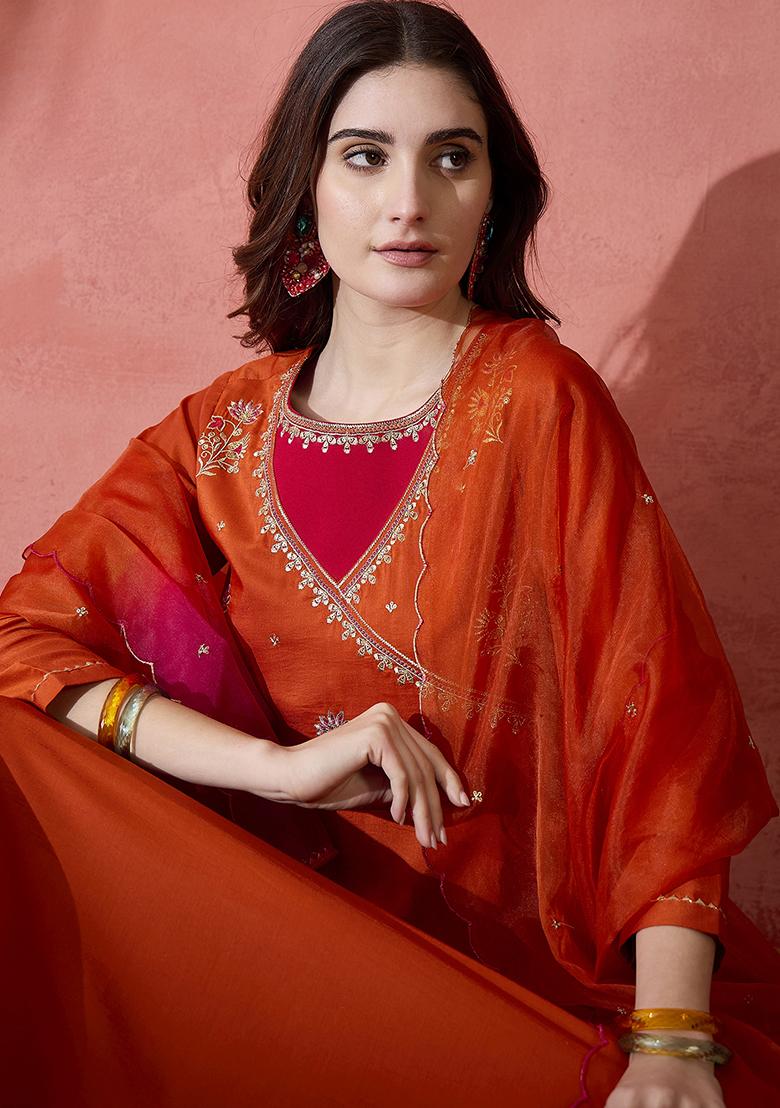 Orange Embroidered Zari Kurta Set