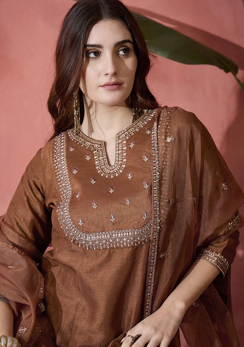 Brown Embroidered Zari Kurta Set