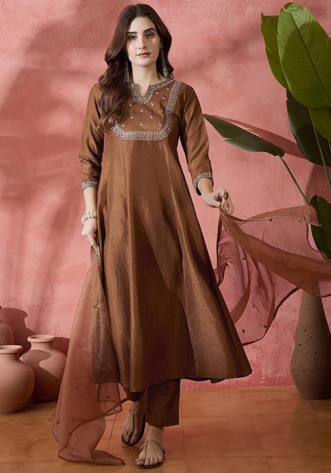 Brown Embroidered Zari Kurta Set