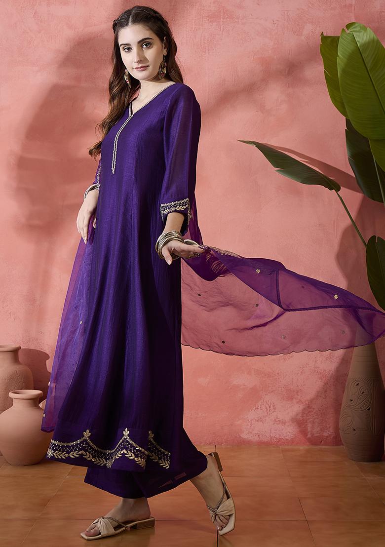 Purple Embroidered Zari Kurta Set