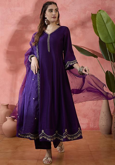 Purple Embroidered Zari Kurta Set