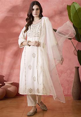 Off White Embroidered Zari Kurta Set