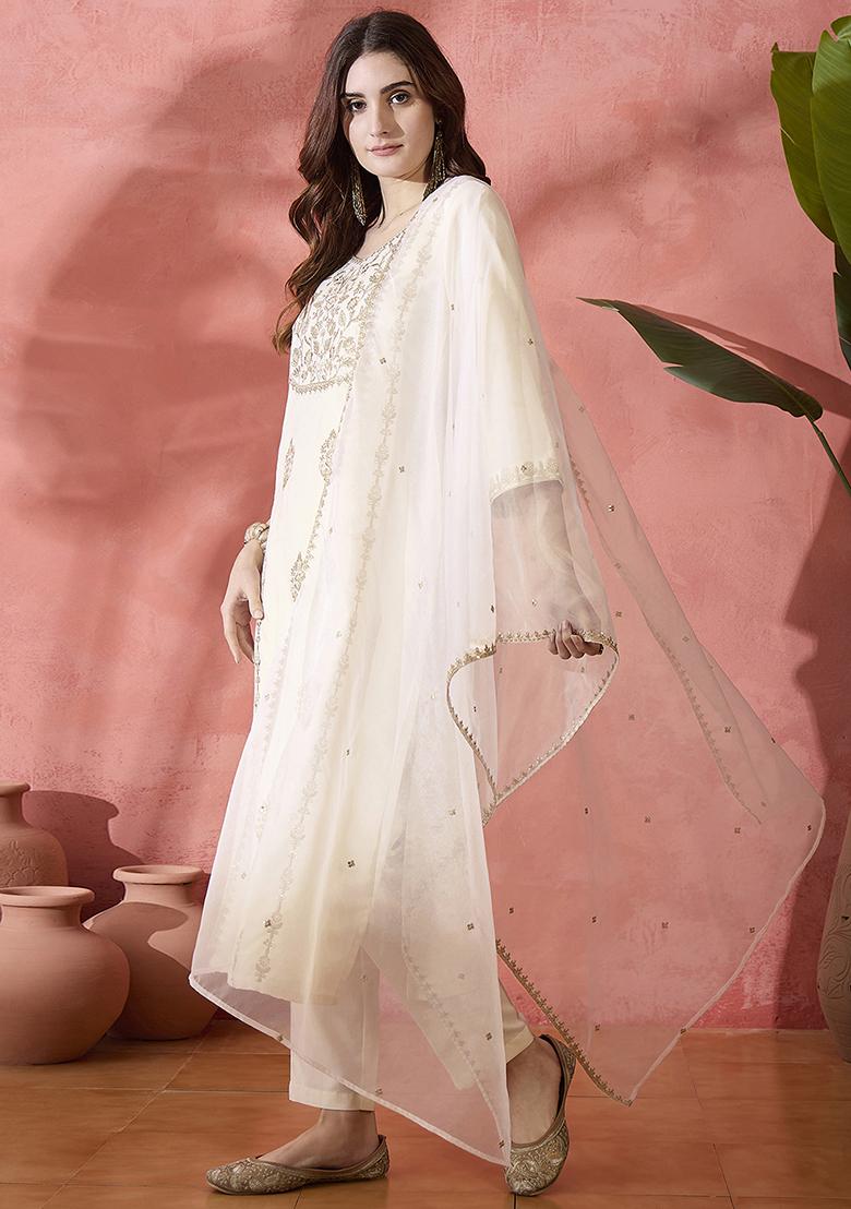 Off White Embroidered Zari Kurta Set