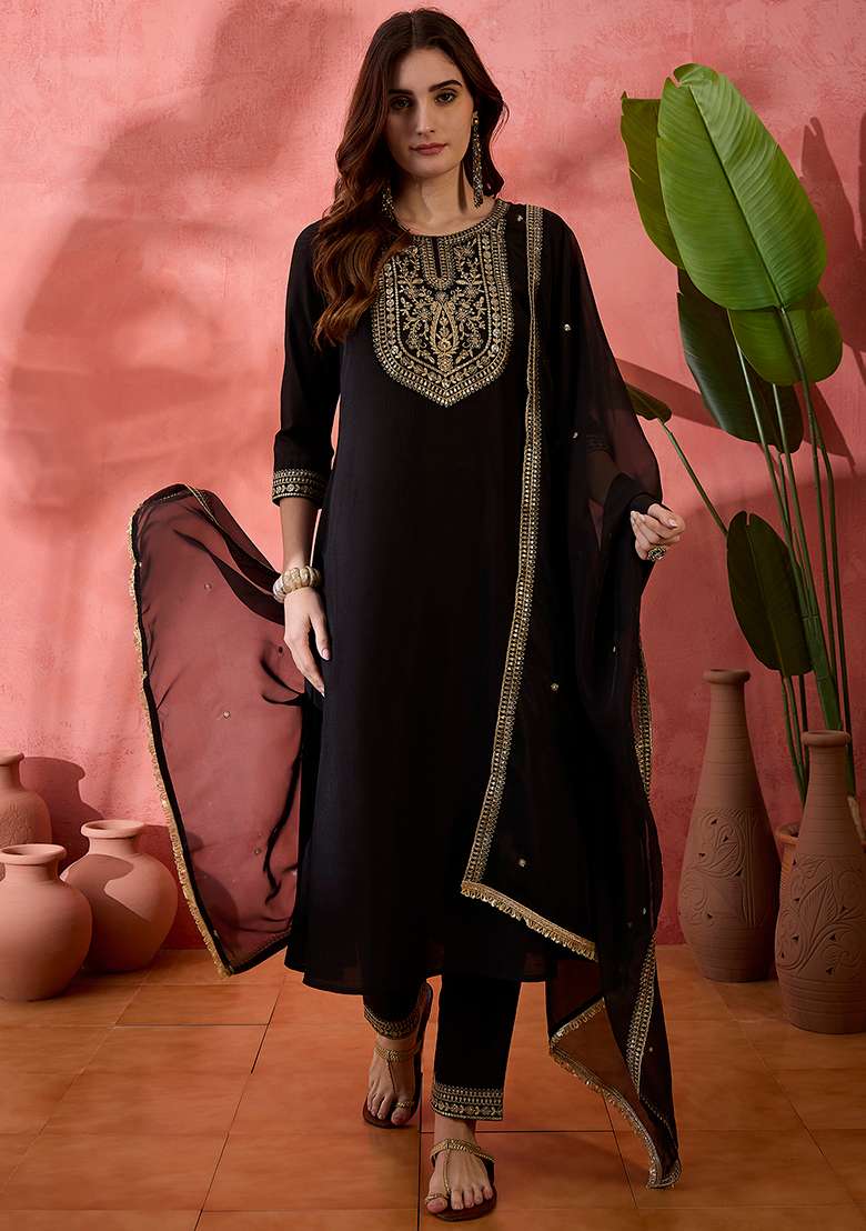 Black Embroidered Blended Straight Kurta Set - Indya