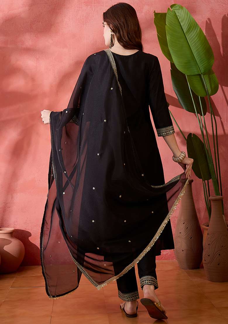 Black Embroidered Blended Straight Kurta Set - Indya