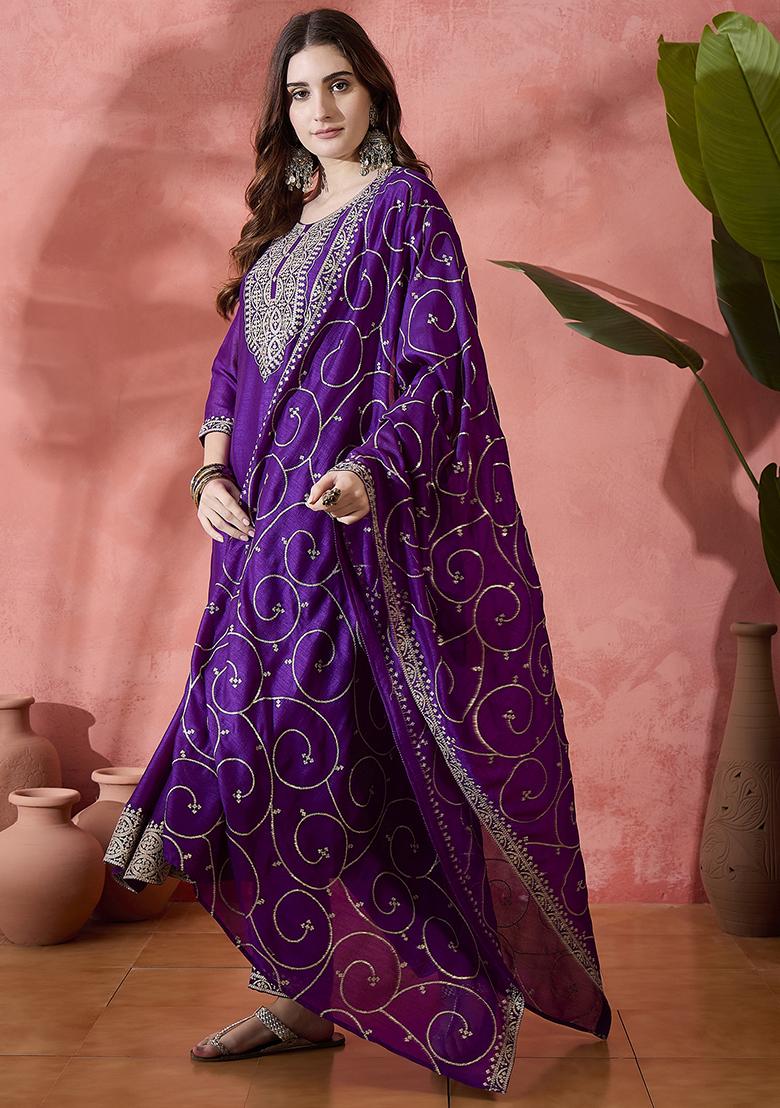 Purple Embroidered Zari Kurta Set