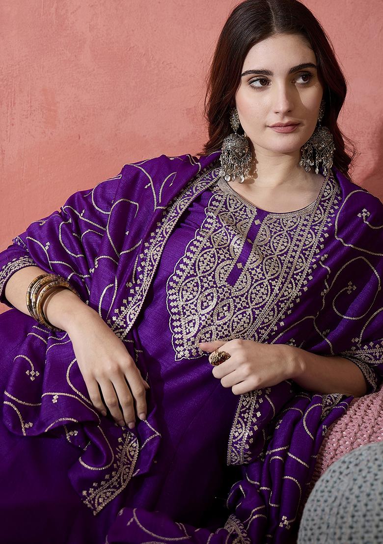 Purple Embroidered Zari Kurta Set