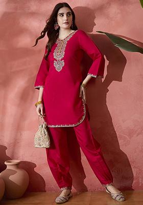 Pink Embroidered Tussar Silk Kurta Set