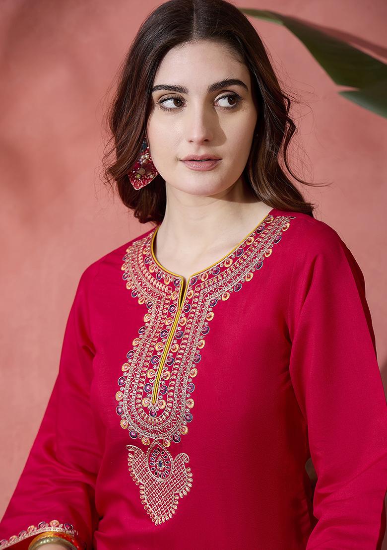 Pink Embroidered Tussar Silk Kurta Set