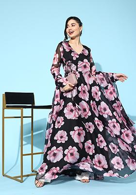 Black Floral Print Organza Gown