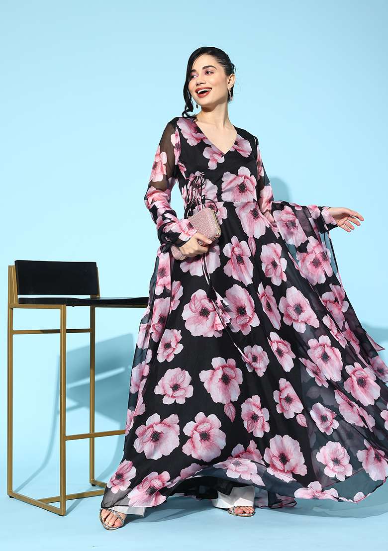 Black Floral Print Organza Gown Set - Indya