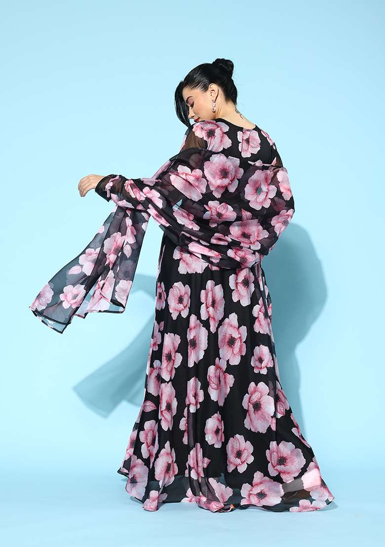Black Floral Print Organza Gown Set - Indya