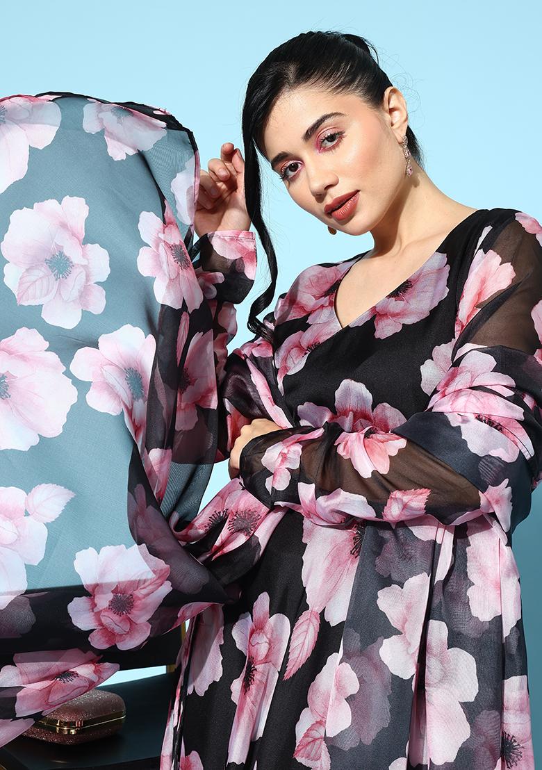 Black Floral Print Organza Gown