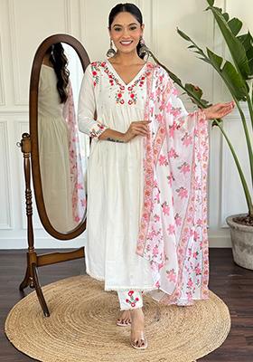 White Embroidered Viscose Kurta Set