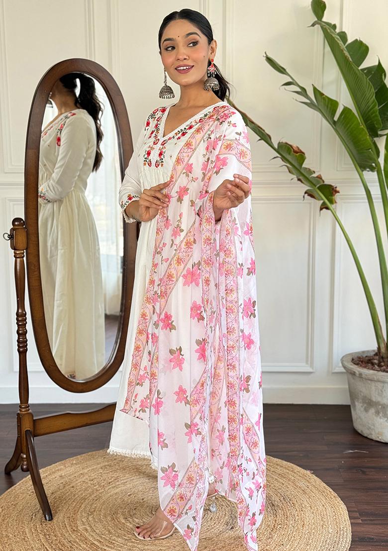 White Embroidered Viscose Kurta Set