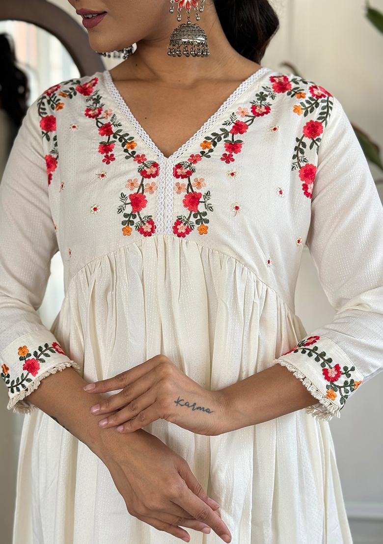 White Embroidered Viscose Kurta Set