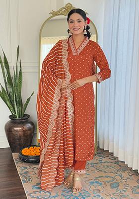Orange Embroidered Vichitra Kurta Set