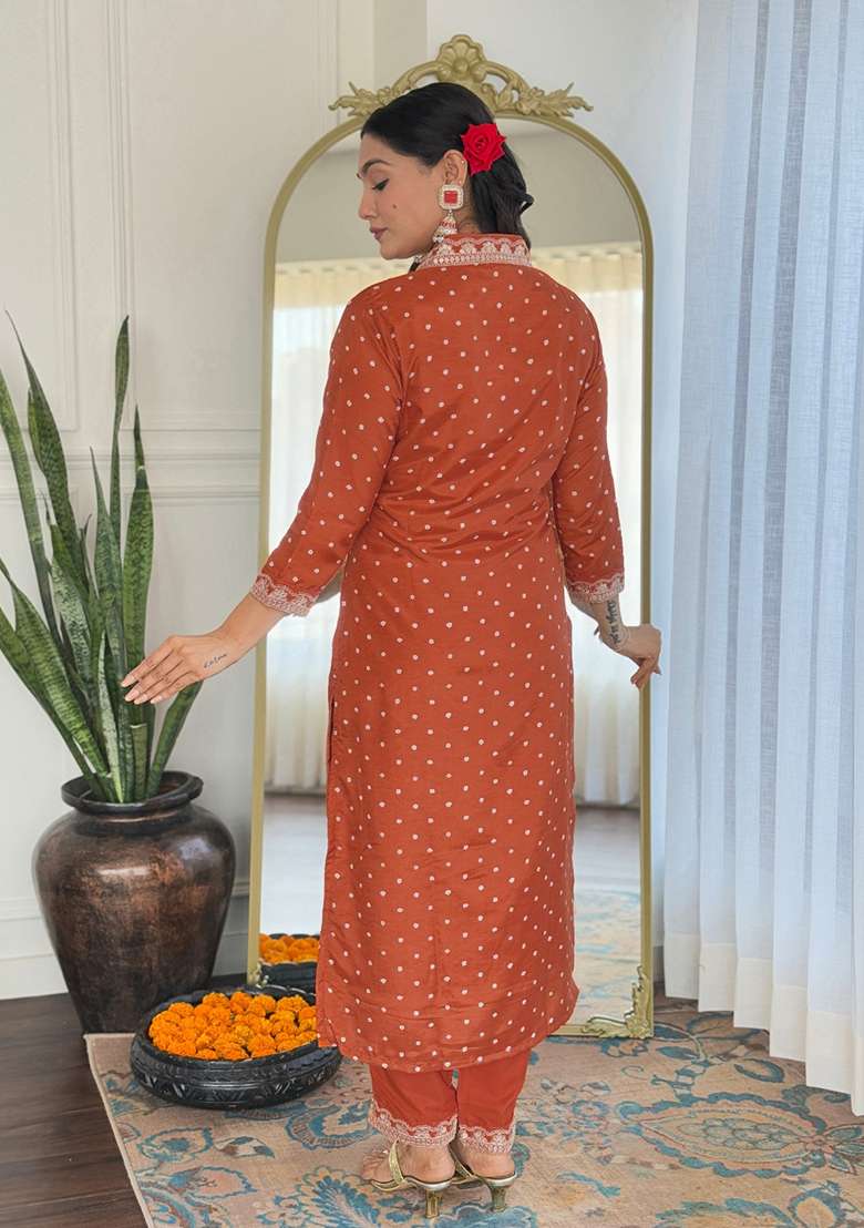 Orange Embroidered Vichitra Kurta Set - Indya