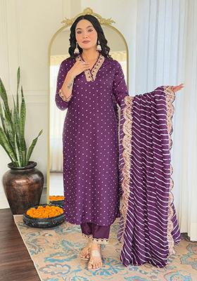 Purple Embroidered Vichitra Kurta Set