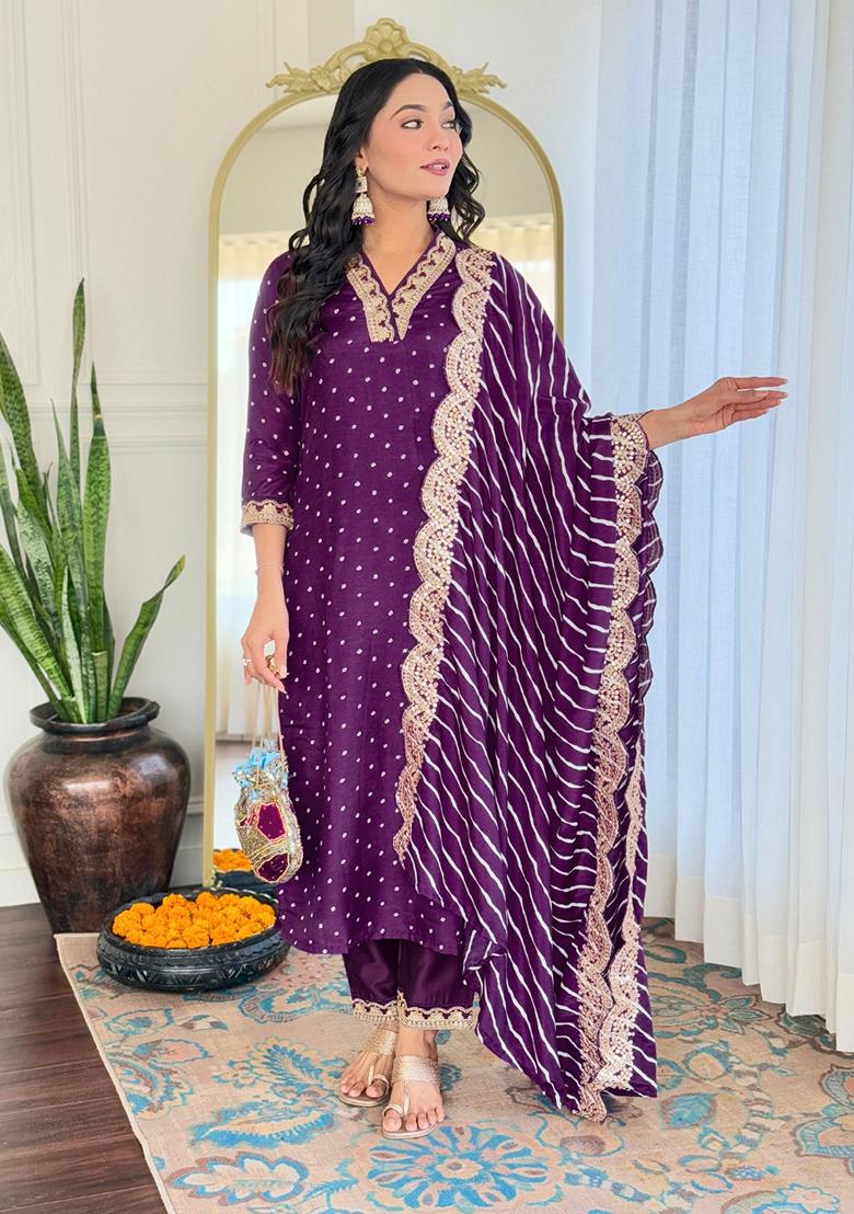 Purple Embroidered Vichitra Kurta Set