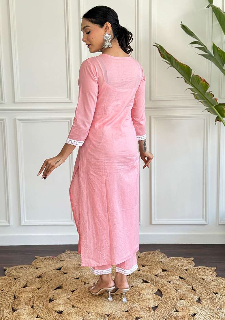 Peach Chikankari Cotton Straight Kurta Set - Indya