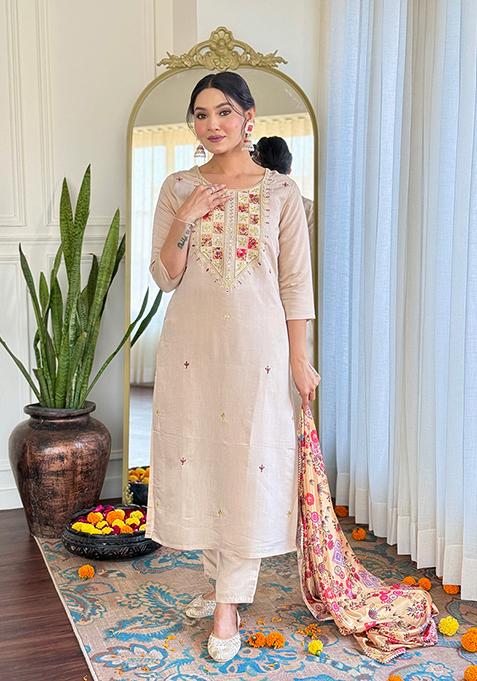 Cream Embroidered Rayon Kurta Set With Dupatta