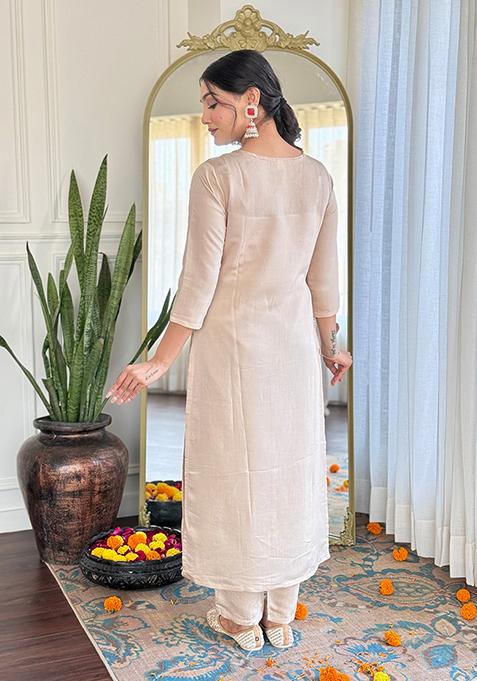 Cream Embroidered Rayon Kurta Set With Dupatta