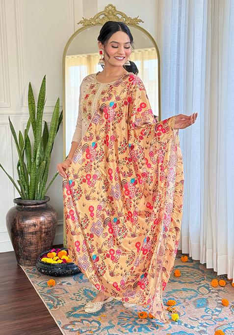 Cream Embroidered Rayon Kurta Set With Dupatta