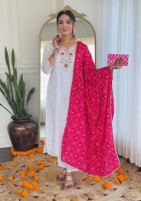 White Embroidered Viscose Kurta Set