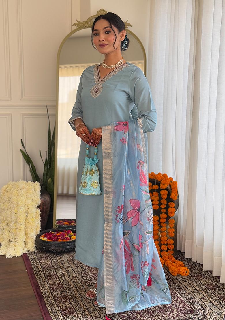 Sky Blue Embroidered Silk Kurta Set