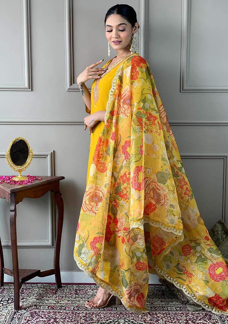 Mustard Solid Chanderi Straight Kurta Set - Indya