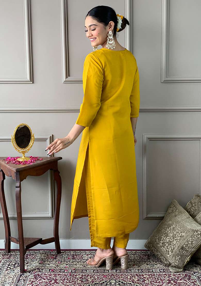 Mustard Solid Chanderi Straight Kurta Set - Indya