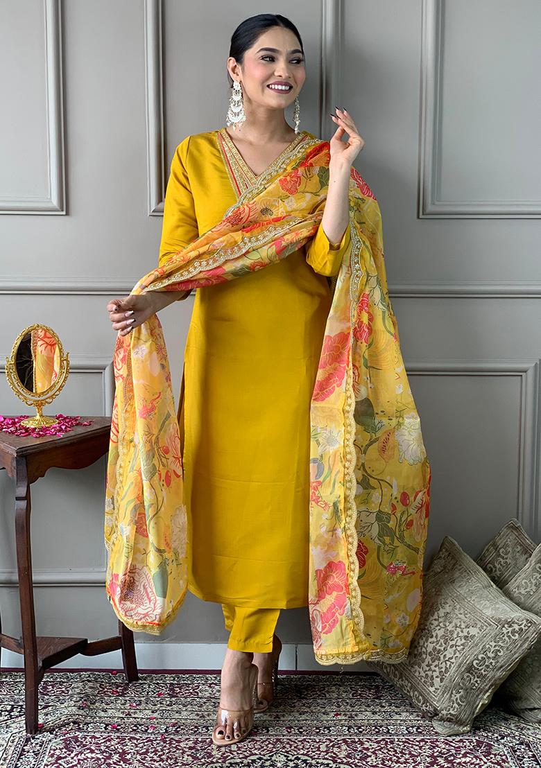 Mustard Embroidered Chanderi Kurta Set