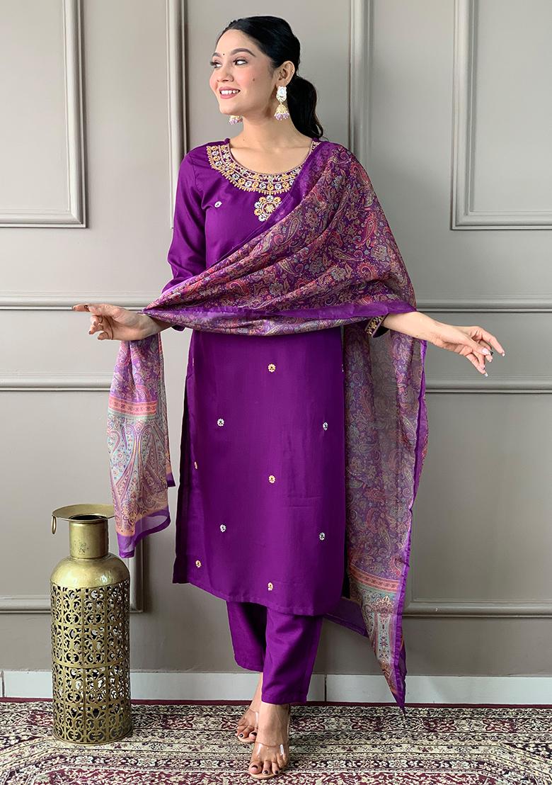 Purple Embroidered Rayon Kurta Set