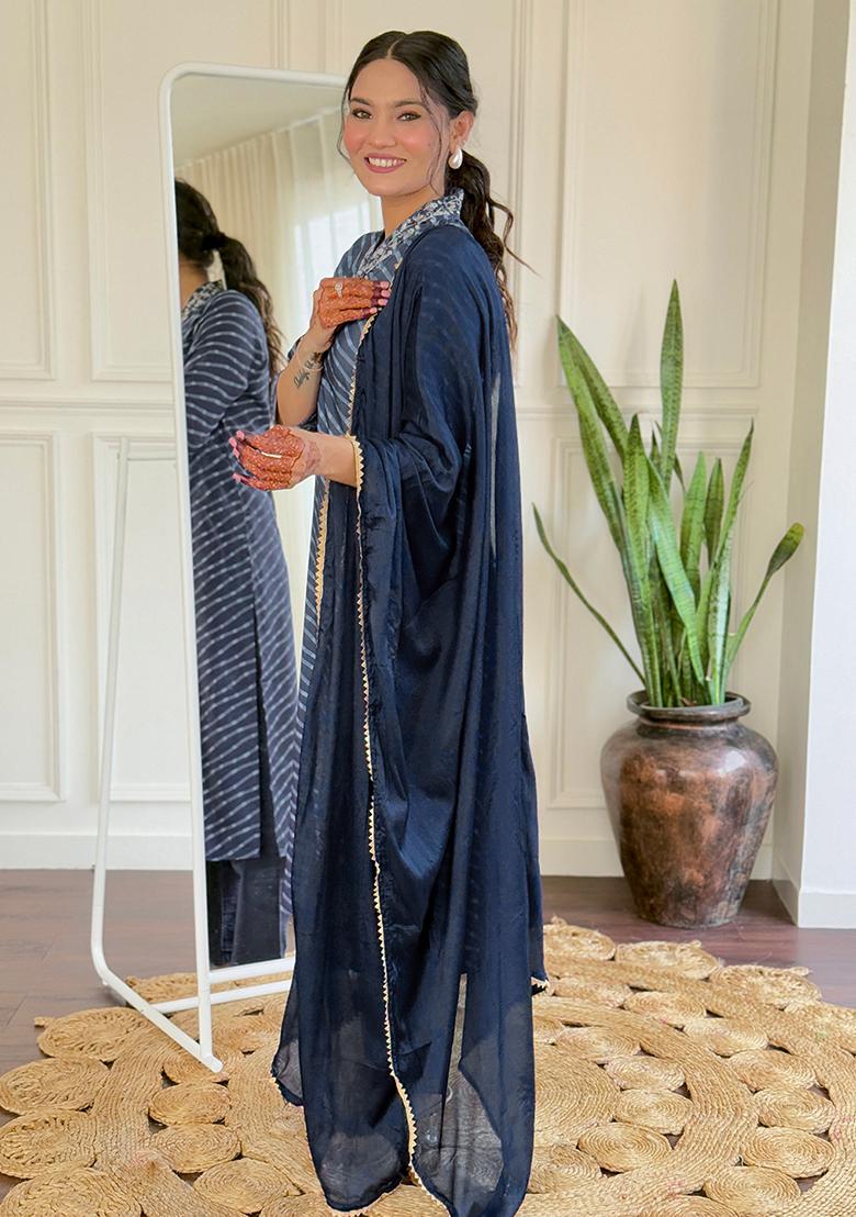 Navy Blue Embroidered Muslin Kurta Set