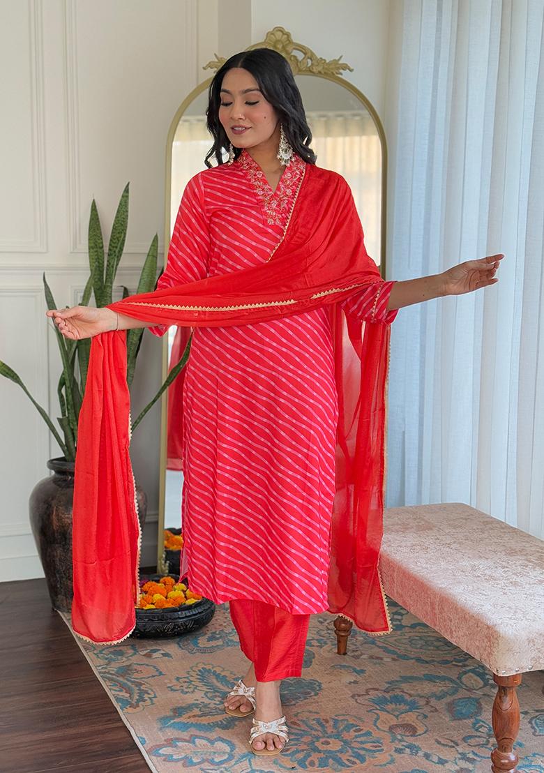 Orange Embroidered Muslin Kurta Set