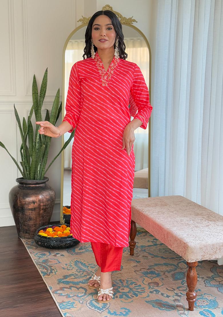 Orange Embroidered Muslin Kurta Set