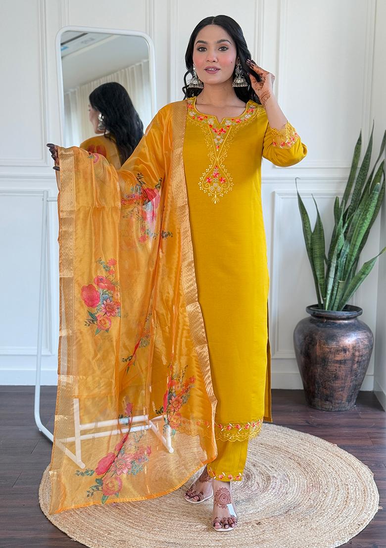 Yellow Embroidered Silk Kurta Set