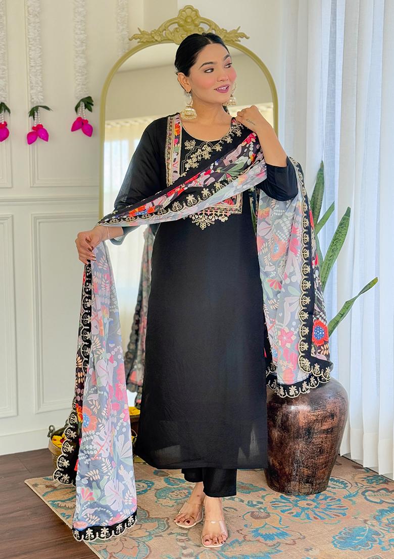 Black Embroidered Viscose Kurta Set