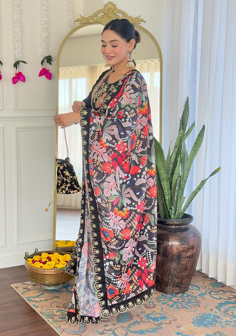 Black Embroidered Viscose Kurta Set