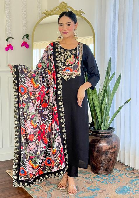 Black Embroidered Viscose Kurta Set