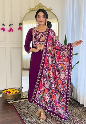 Purple Embroidered Viscose Kurta Set