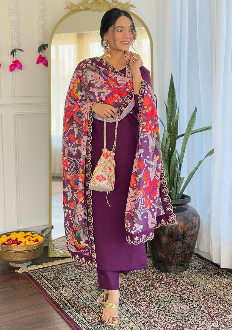 Purple Embroidered Viscose Kurta Set