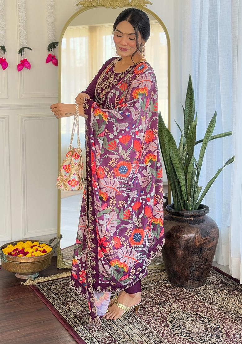 Purple Embroidered Viscose Kurta Set