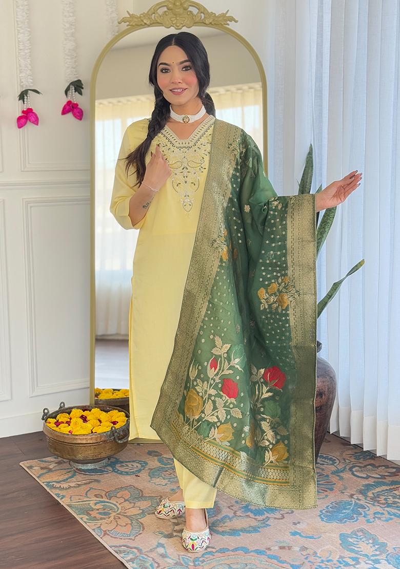 Yellow Embroidered Viscose Kurta Set