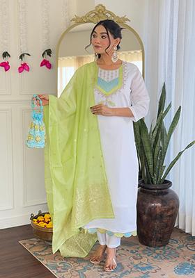 White Embroidered Viscose Kurta Set